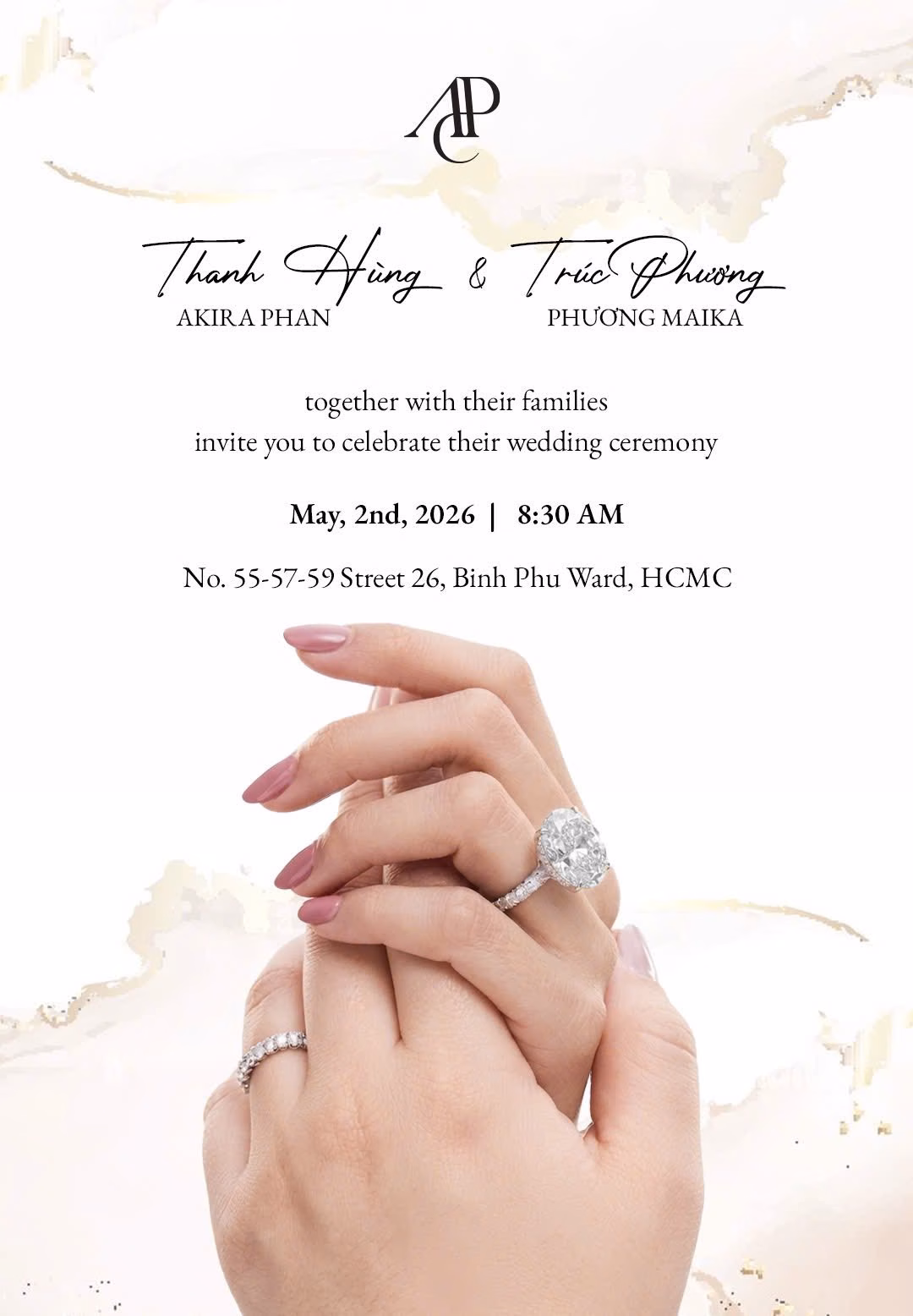 Akira Phan gây bất ngờ khi công khai thiệp cưới, thông báo ngày trọng đại diễn ra vào 2/5 tại TP.HCM. Ảnh: FBNV